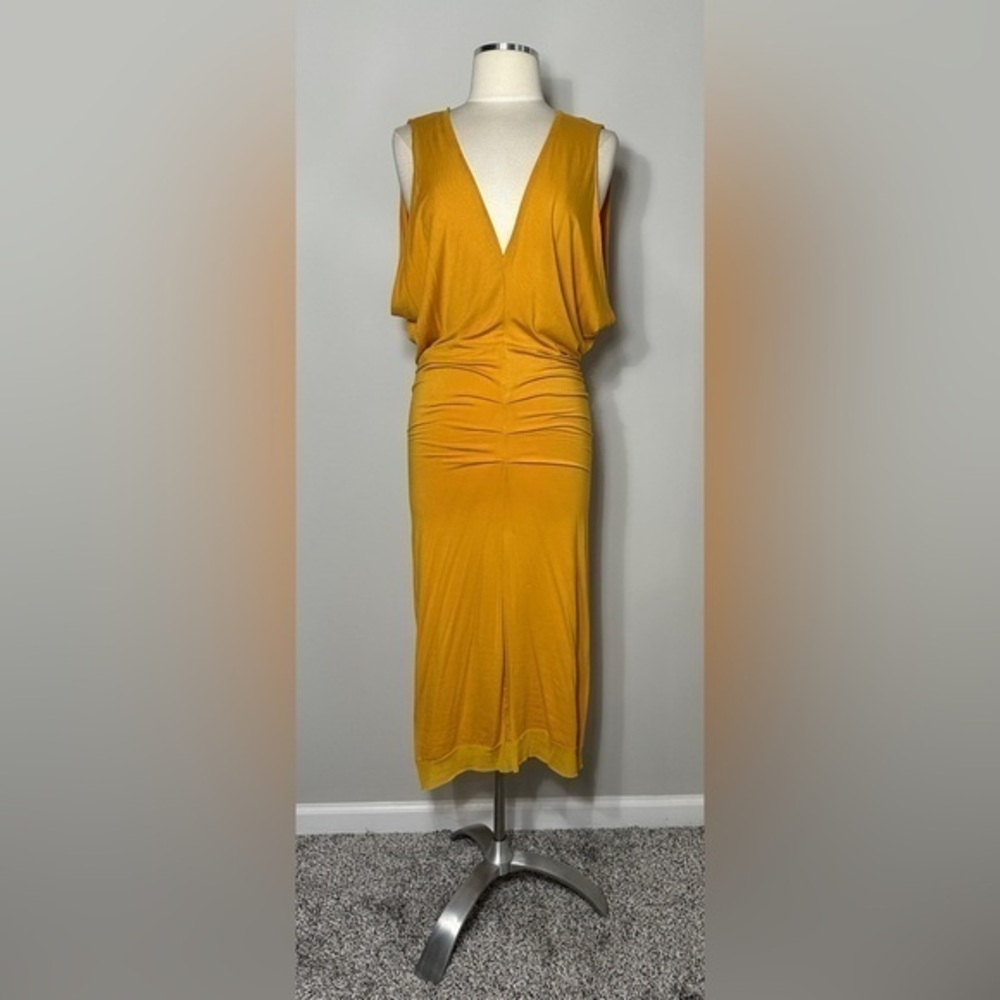 Scoop LLC Mustard Yellow Draped Midi Dress – Size Large (NWT)